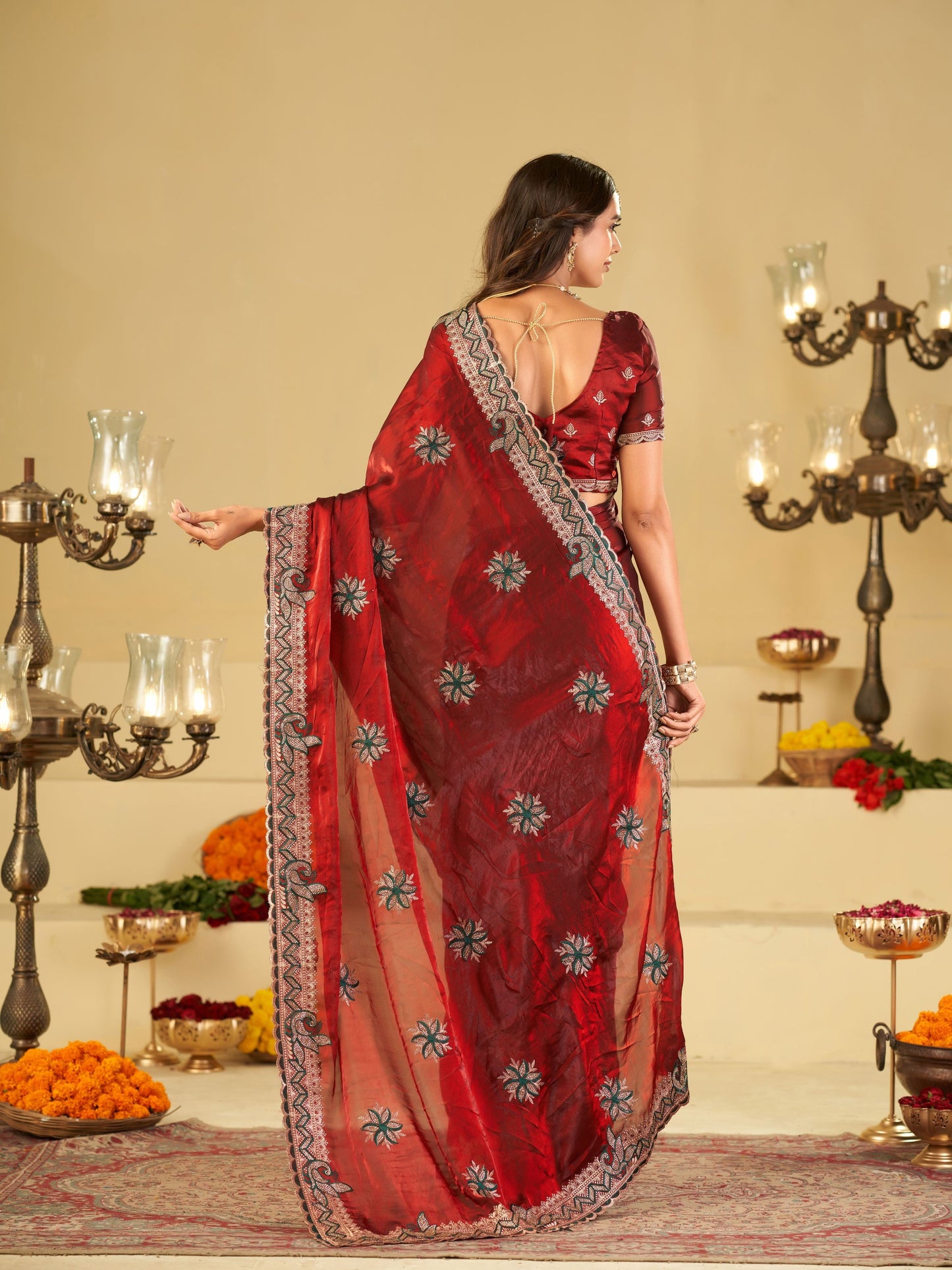 Ruby Red Designer Fendy Satin Saree with Floral Embroidery Work | Premium Wedding Party Wear Saree with Heavy Embroidered Border & Blouse