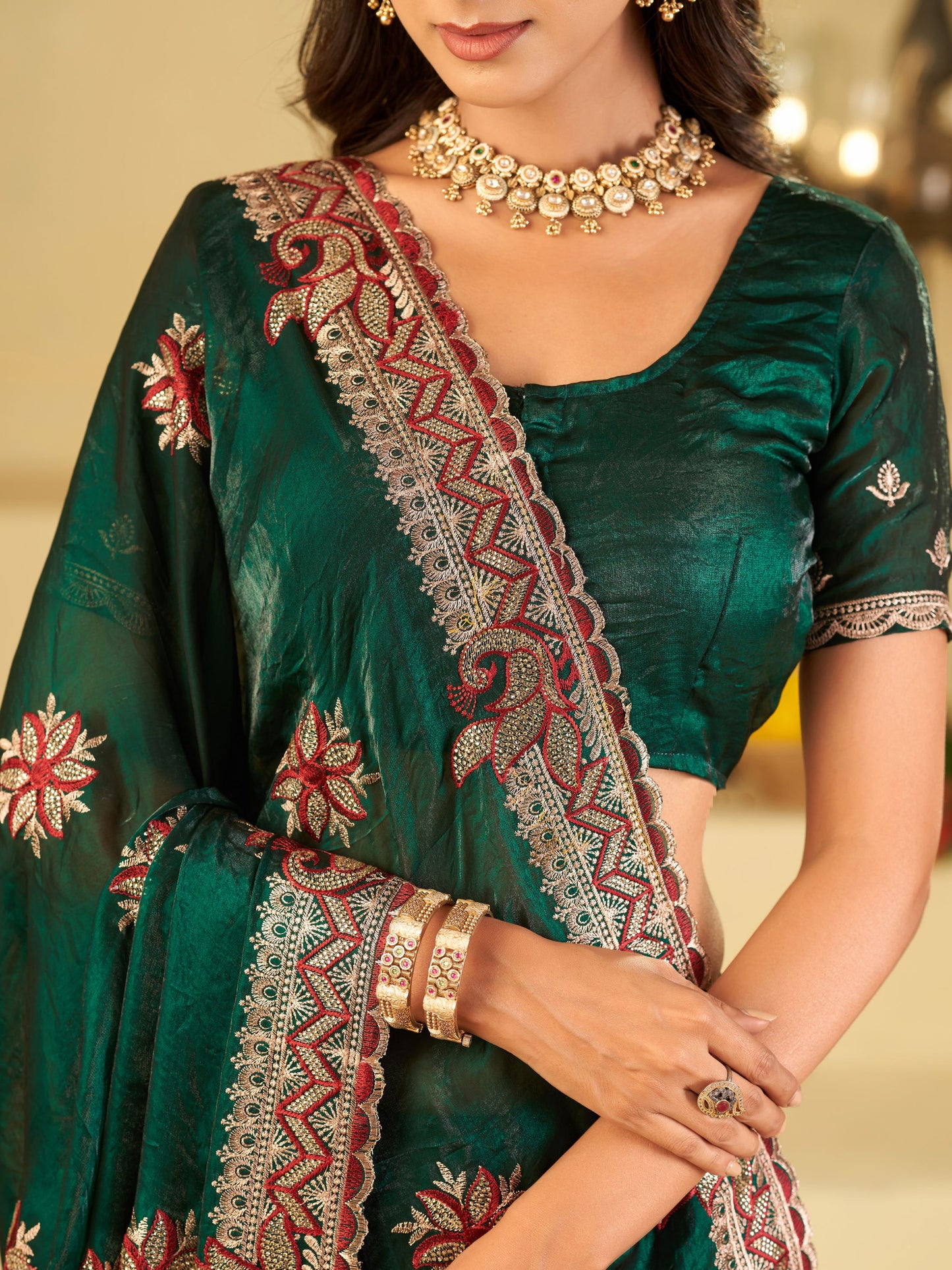 Emerald Green Designer Fendy Satin Saree with Heavy Floral Embroidery Work | Premium Wedding Party Wear Saree with Embroidered Border & Blouse