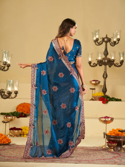 Royal Blue Designer Fendy Satin Saree with Floral Embroidery Work | Premium Party Wear Saree with Heavy Embroidered Border & Blouse