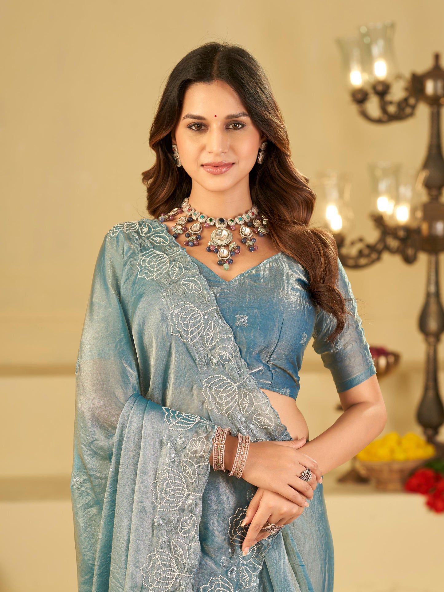 Sky Blue Fendy Satin Saree with White Floral Embroidery Border | Elegant Designer Party Wear Saree with Blouse