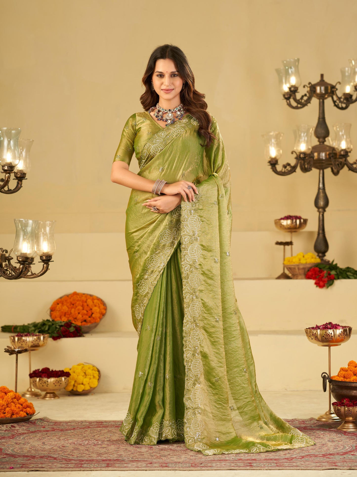 Pista Green Fendy Satin Saree with White Floral Embroidery Border | Elegant Designer Party Wear Saree with Blouse