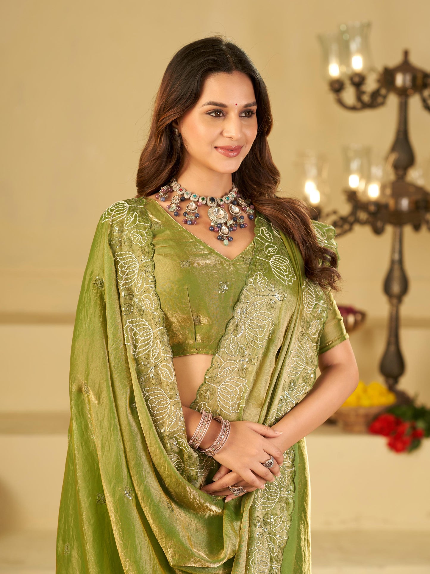 Pista Green Fendy Satin Saree with White Floral Embroidery Border | Elegant Designer Party Wear Saree with Blouse