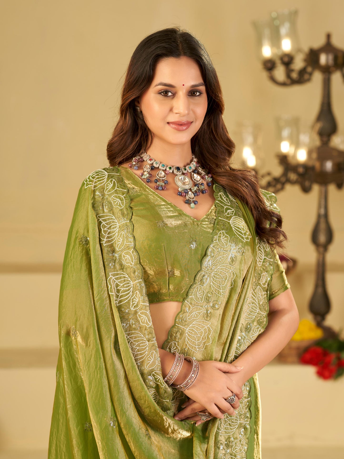 Pista Green Fendy Satin Saree with White Floral Embroidery Border | Elegant Designer Party Wear Saree with Blouse