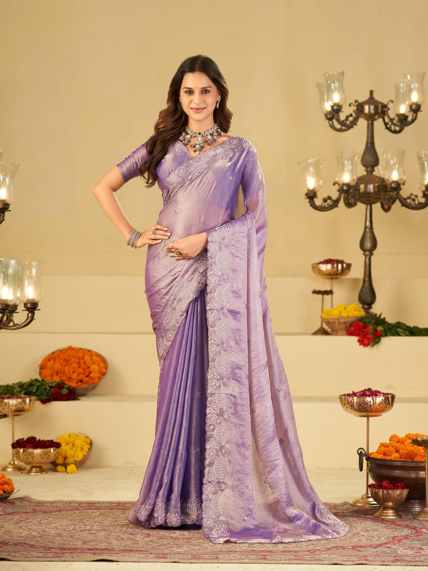 Lavender Purple Fendy Satin Saree with White Floral Embroidery Border | Elegant Designer Party Wear Saree with Blouse