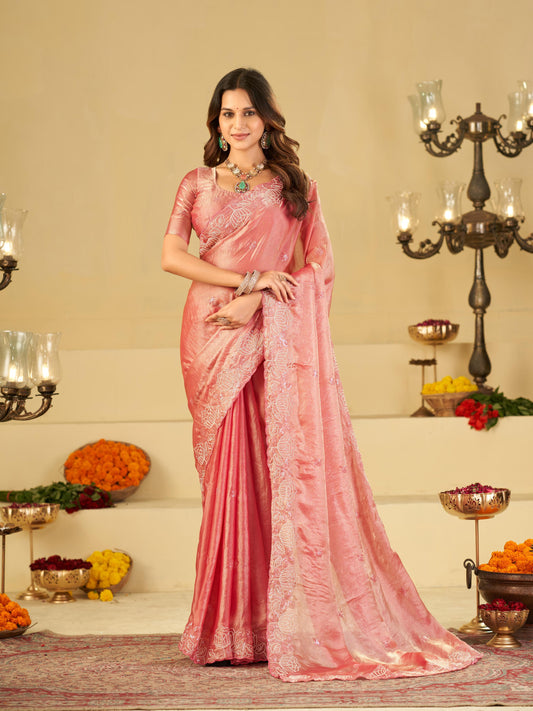 Baby Pink Fendy Satin Saree with White Floral Embroidery Border | Elegant Designer Party Wear Saree with Blouse