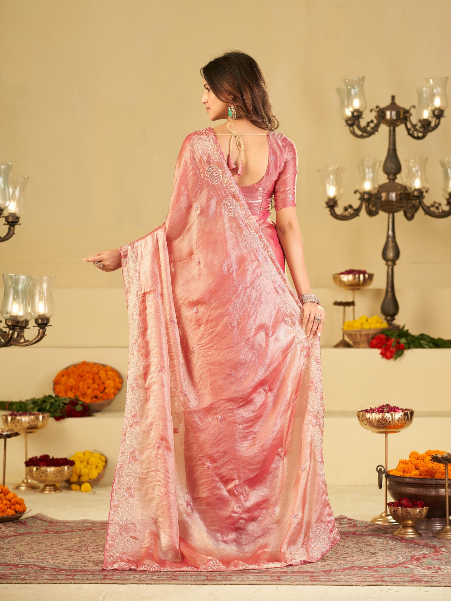 Baby Pink Fendy Satin Saree with White Floral Embroidery Border | Elegant Designer Party Wear Saree with Blouse