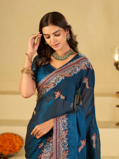 Royal Blue Designer Fendy Satin Saree with Heavy Embroidered Border | Premium Festive Party Wear Saree with Intricate Embroidery & Matching Blouse