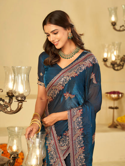 Royal Blue Designer Fendy Satin Saree with Heavy Embroidered Border | Premium Festive Party Wear Saree with Intricate Embroidery & Matching Blouse