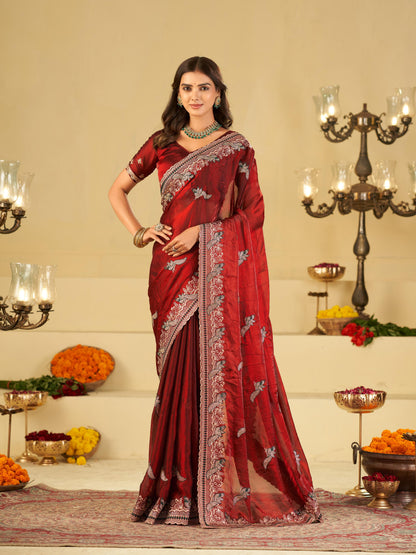 Maroon Designer Fendy Satin Saree with Heavy Embroidered Border | Premium Wedding Party Wear Saree with Intricate Embroidery & Matching Blouse