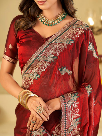 Maroon Designer Fendy Satin Saree with Heavy Embroidered Border | Premium Wedding Party Wear Saree with Intricate Embroidery & Matching Blouse