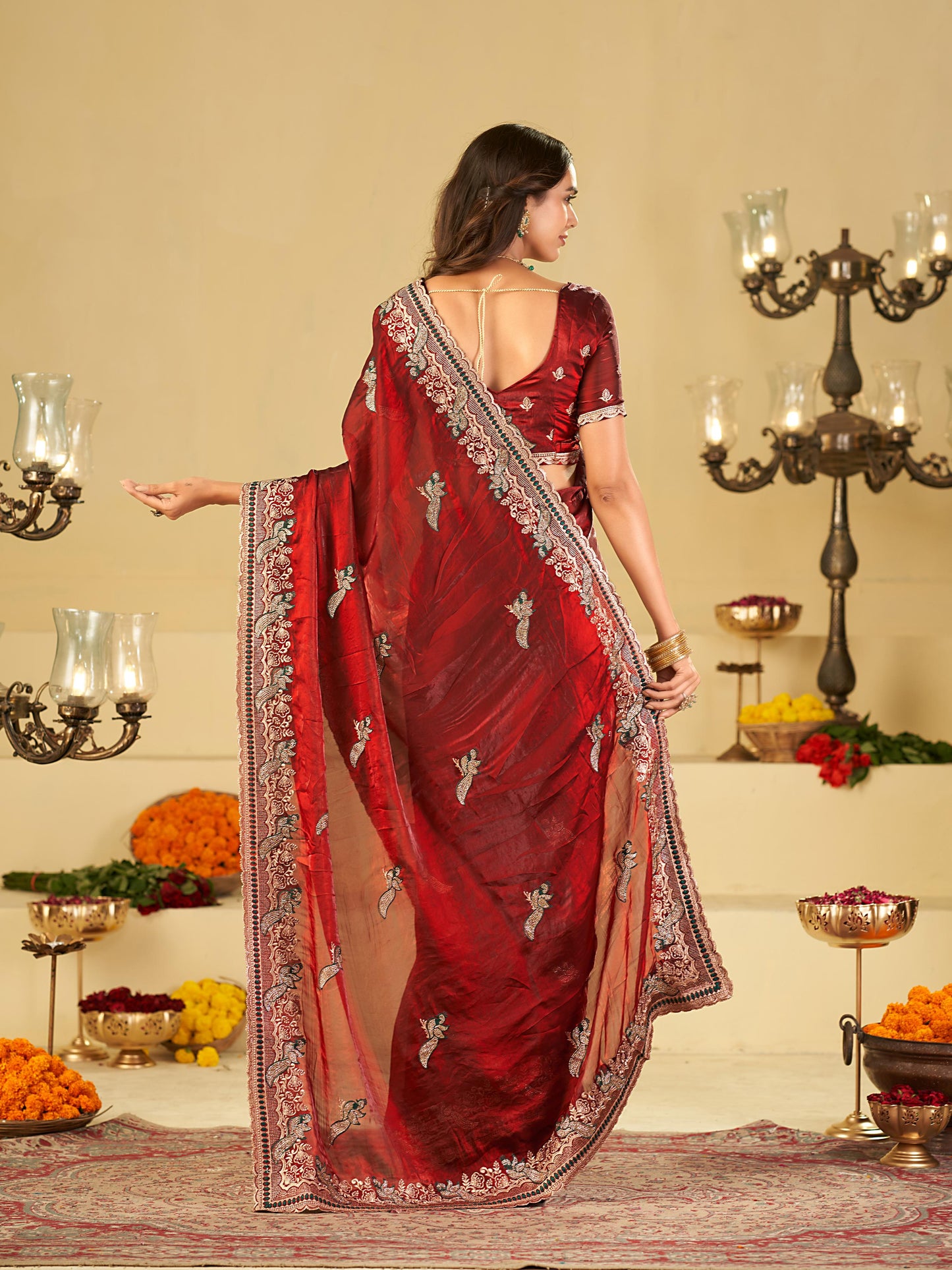 Maroon Designer Fendy Satin Saree with Heavy Embroidered Border | Premium Wedding Party Wear Saree with Intricate Embroidery & Matching Blouse