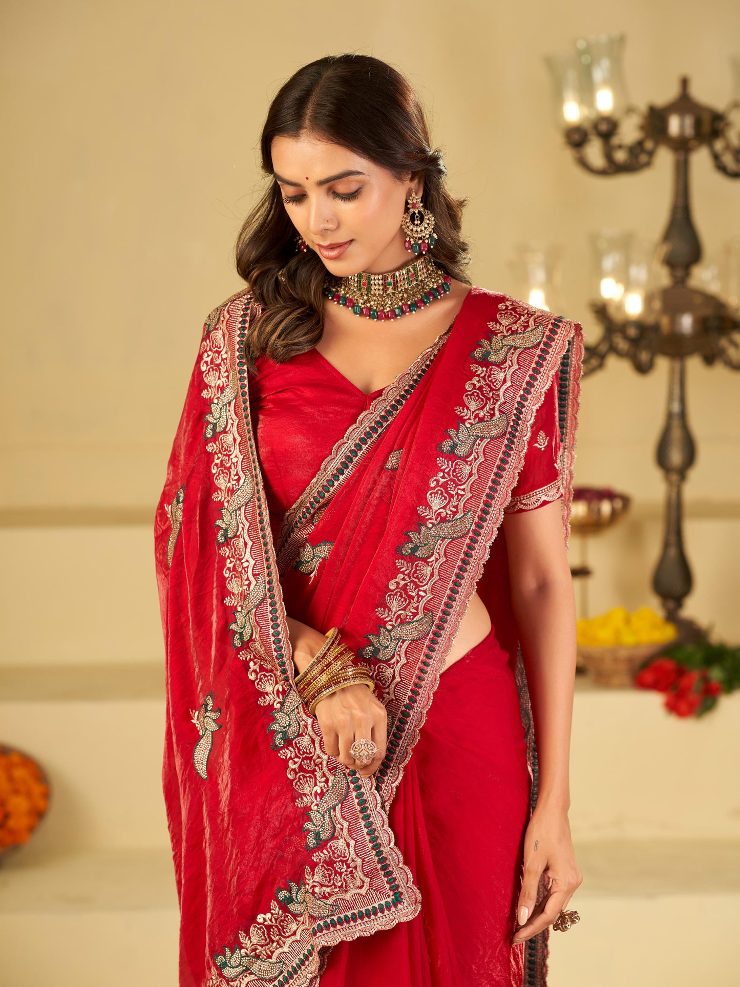 Bright Red Designer Fendy Satin Saree with Heavy Embroidered Border | Premium Festive Party Wear Saree with Intricate Embroidery & Matching Blouse