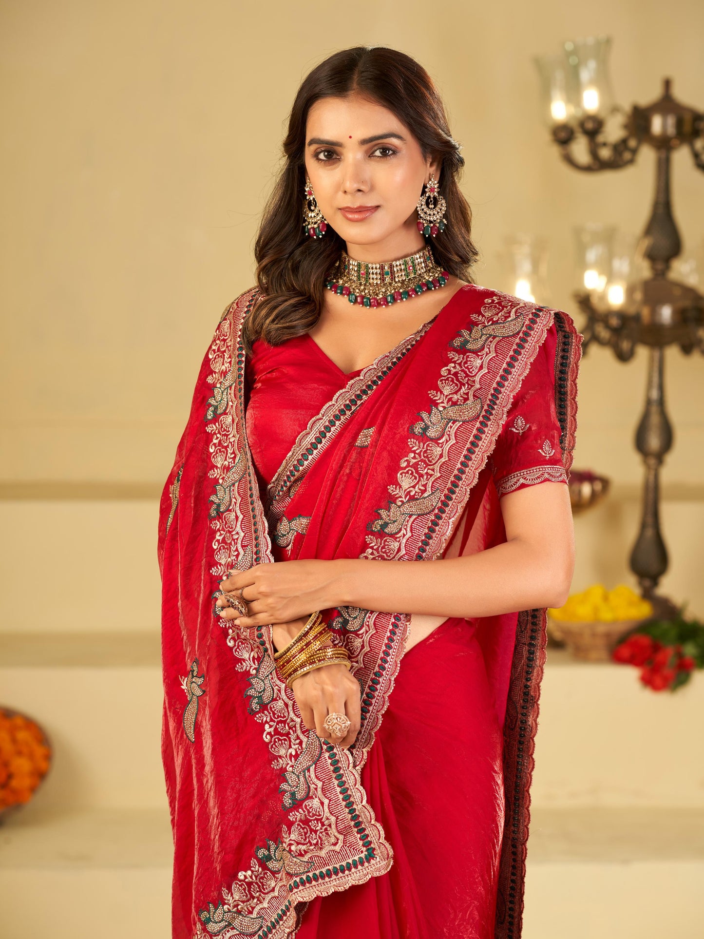 Bright Red Designer Fendy Satin Saree with Heavy Embroidered Border | Premium Festive Party Wear Saree with Intricate Embroidery & Matching Blouse