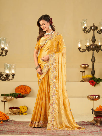 Mustard Yellow Fendy Satin Saree with Multicolor Floral Embroidery Border | Elegant Designer Party Wear Saree with Blouse
