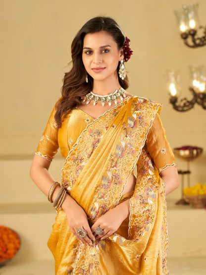Mustard Yellow Fendy Satin Saree with Multicolor Floral Embroidery Border | Elegant Designer Party Wear Saree with Blouse
