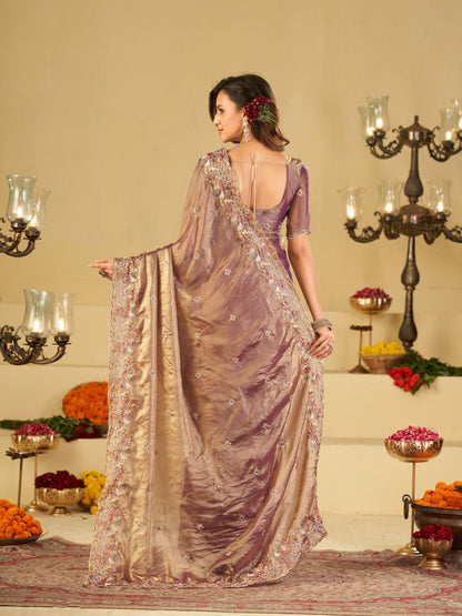 Lavender Gold Fendy Satin Saree with Multicolor Floral Embroidery Border | Elegant Designer Party Wear Saree with Blouse