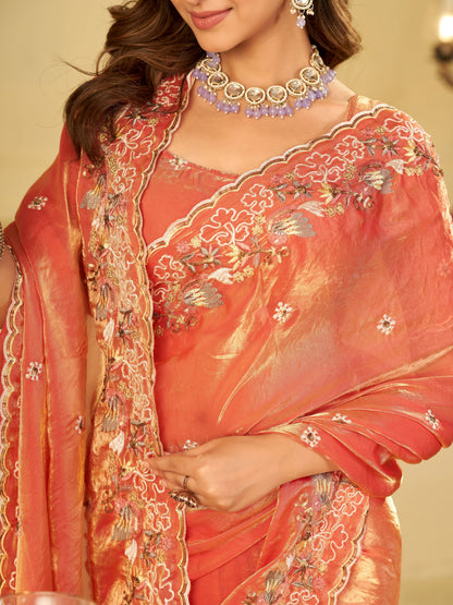 Peach Pink Fendy Satin Saree with Multicolor Floral Embroidery Border | Elegant Designer Party Wear Saree with Blouse