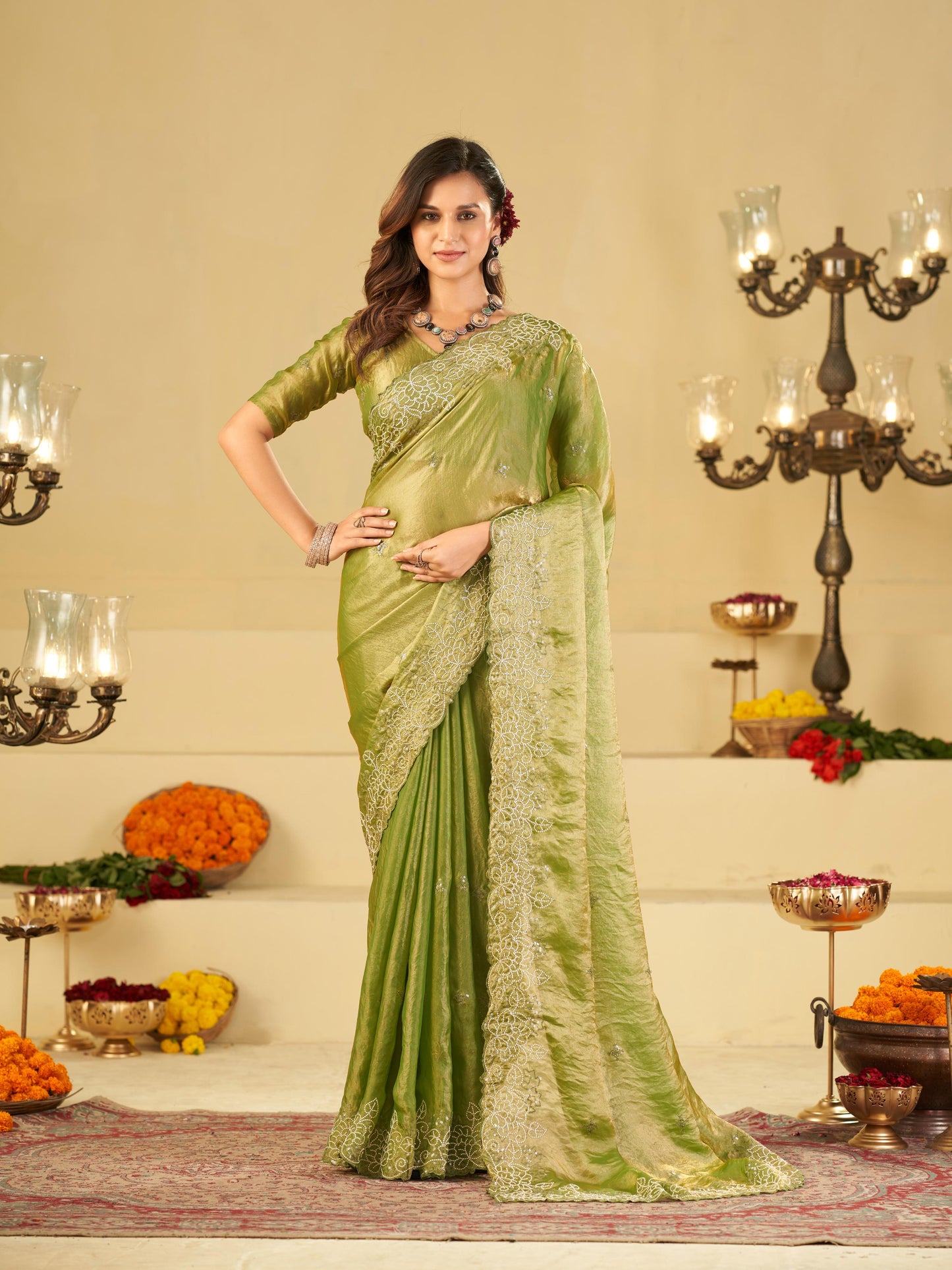 Pista Green Fendy Satin Saree with White Floral Embroidery Border | Elegant Designer Party Wear Saree with Blouse