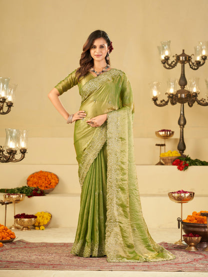 Pista Green Fendy Satin Saree with White Floral Embroidery Border | Elegant Designer Party Wear Saree with Blouse