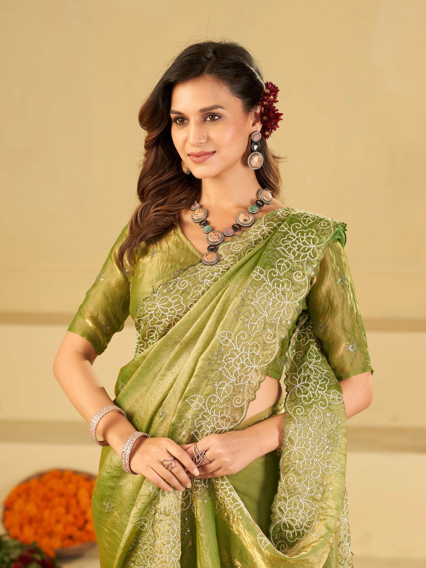 Pista Green Fendy Satin Saree with White Floral Embroidery Border | Elegant Designer Party Wear Saree with Blouse