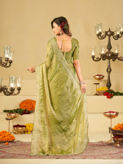 Pista Green Fendy Satin Saree with White Floral Embroidery Border | Elegant Designer Party Wear Saree with Blouse