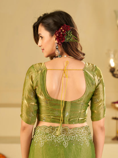 Pista Green Fendy Satin Saree with White Floral Embroidery Border | Elegant Designer Party Wear Saree with Blouse