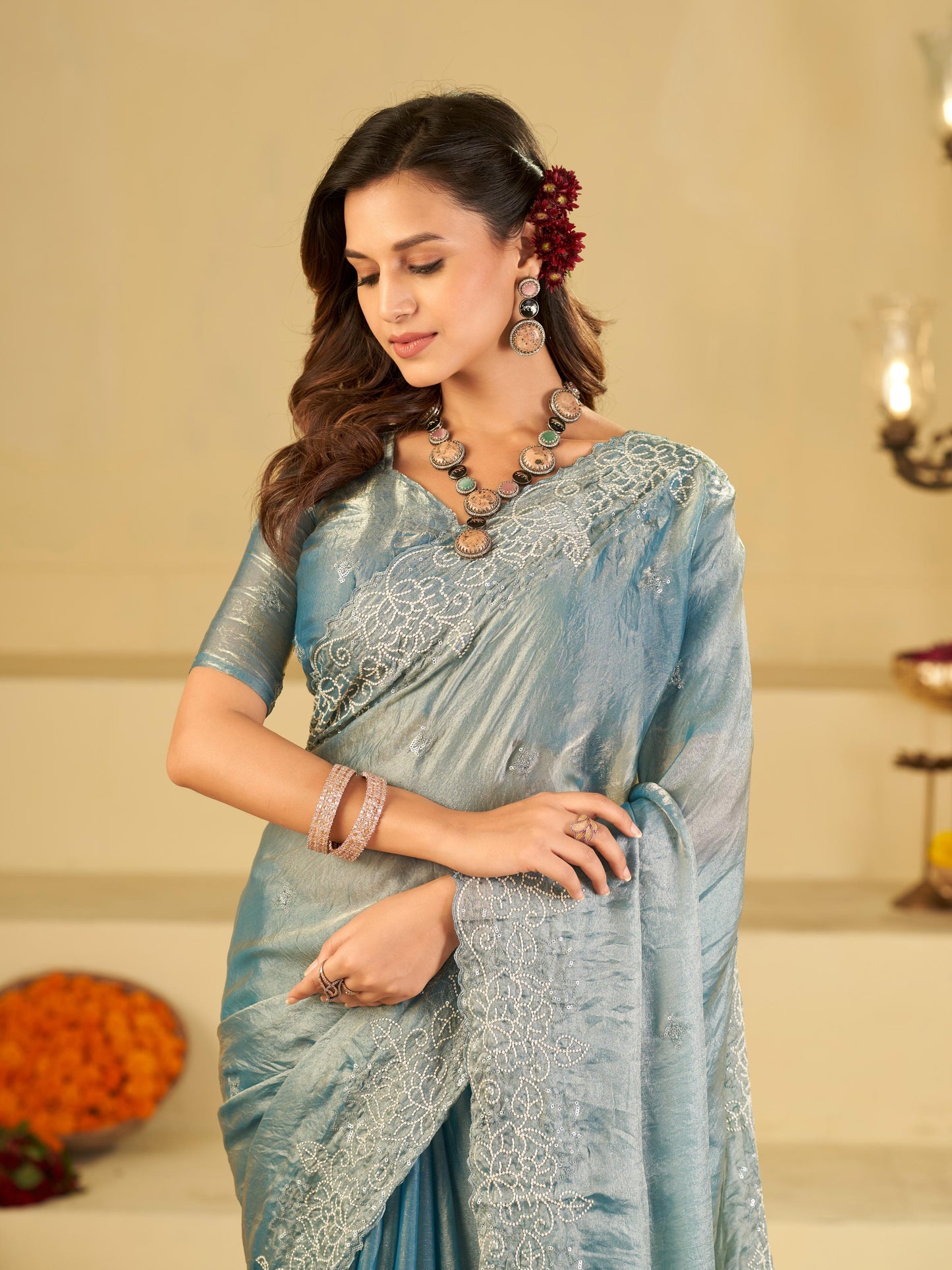 Powder Blue Fendy Satin Saree with White Floral Embroidery Border | Elegant Designer Party Wear Saree with Blouse