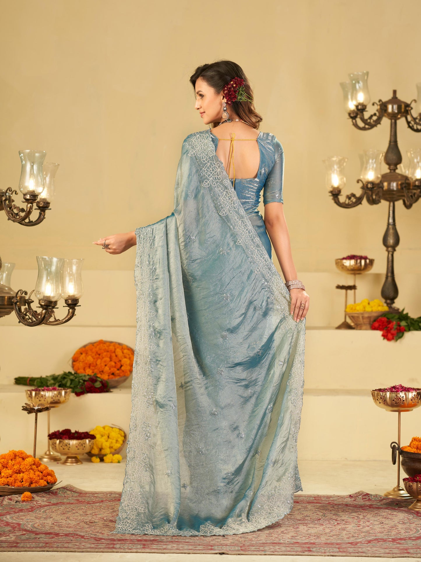 Powder Blue Fendy Satin Saree with White Floral Embroidery Border | Elegant Designer Party Wear Saree with Blouse