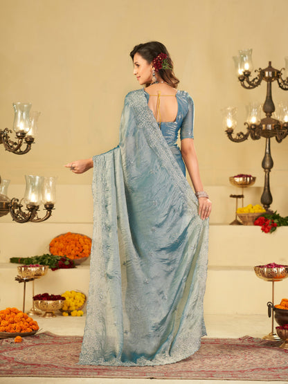 Powder Blue Fendy Satin Saree with White Floral Embroidery Border | Elegant Designer Party Wear Saree with Blouse