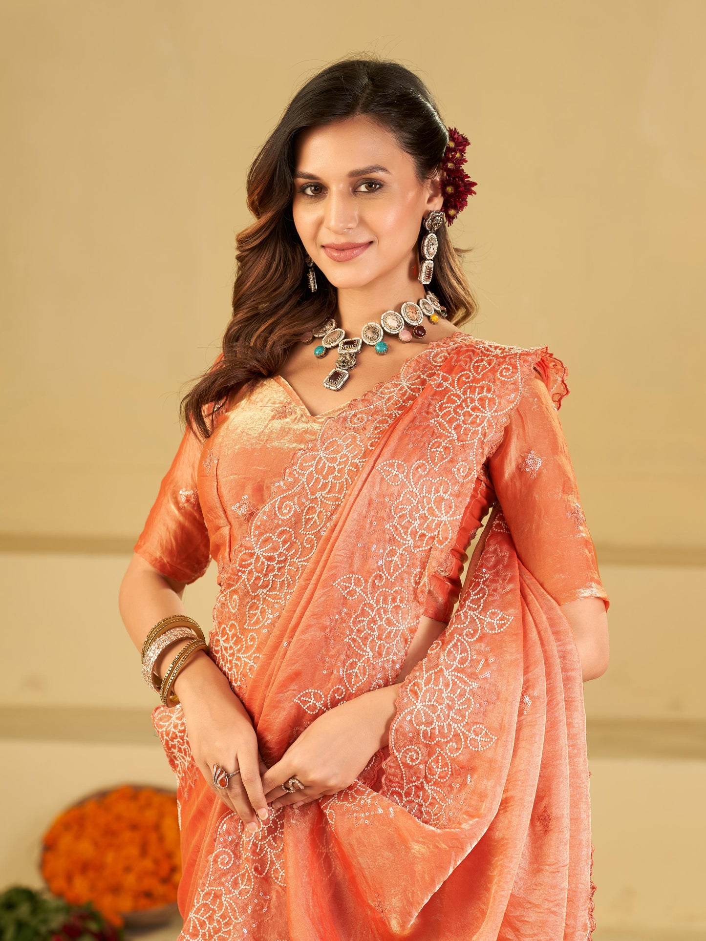 Peach Fendy Satin Saree with White Floral Embroidery Border | Elegant Designer Party Wear Saree with Blouse