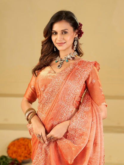 Peach Fendy Satin Saree with White Floral Embroidery Border | Elegant Designer Party Wear Saree with Blouse