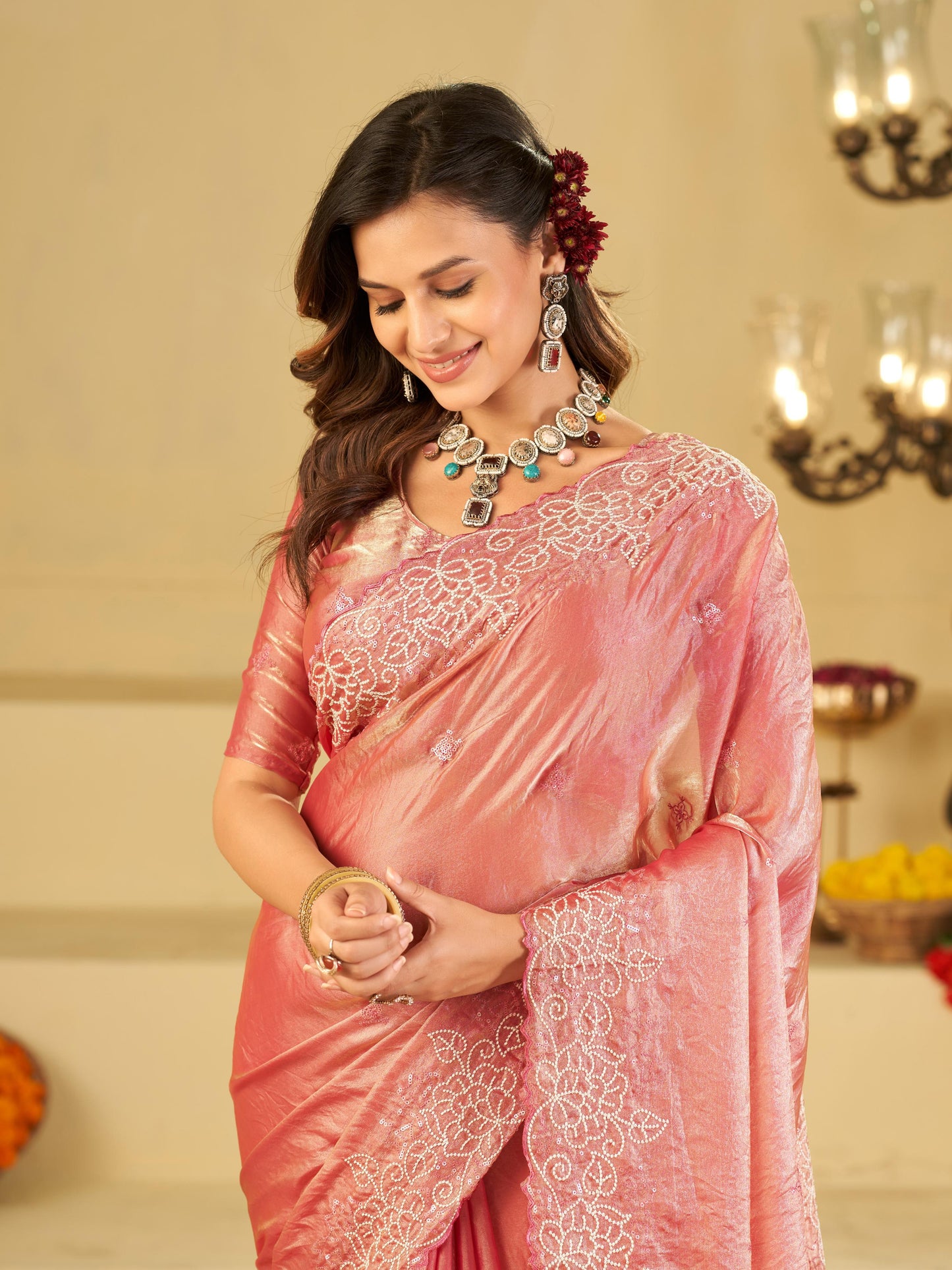 Baby Pink Fendy Satin Saree with White Floral Embroidery Border | Elegant Designer Party Wear Saree with Blouse