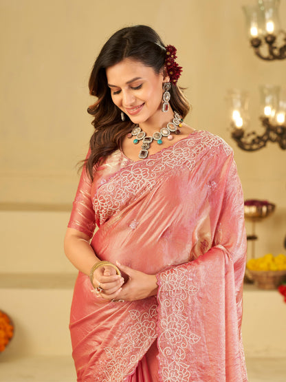 Baby Pink Fendy Satin Saree with White Floral Embroidery Border | Elegant Designer Party Wear Saree with Blouse