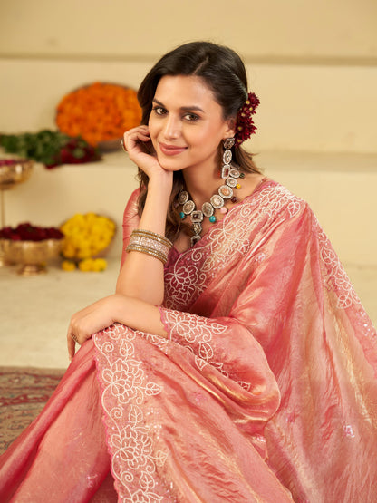 Baby Pink Fendy Satin Saree with White Floral Embroidery Border | Elegant Designer Party Wear Saree with Blouse