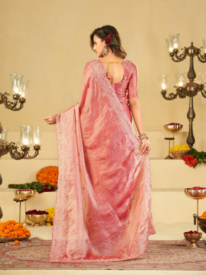Baby Pink Fendy Satin Saree with White Floral Embroidery Border | Elegant Designer Party Wear Saree with Blouse