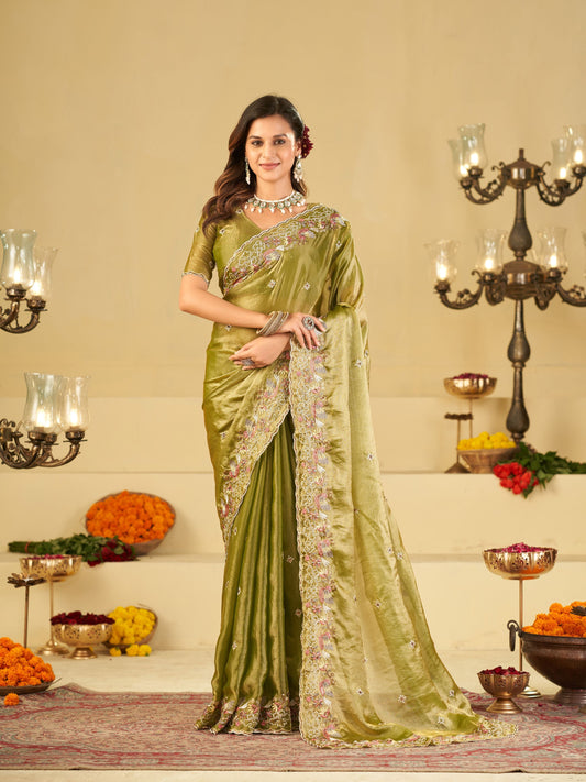Olive Green Fendy Satin Saree with Multicolor Floral Embroidery Border | Designer Festive Party Wear Saree with Blouse
