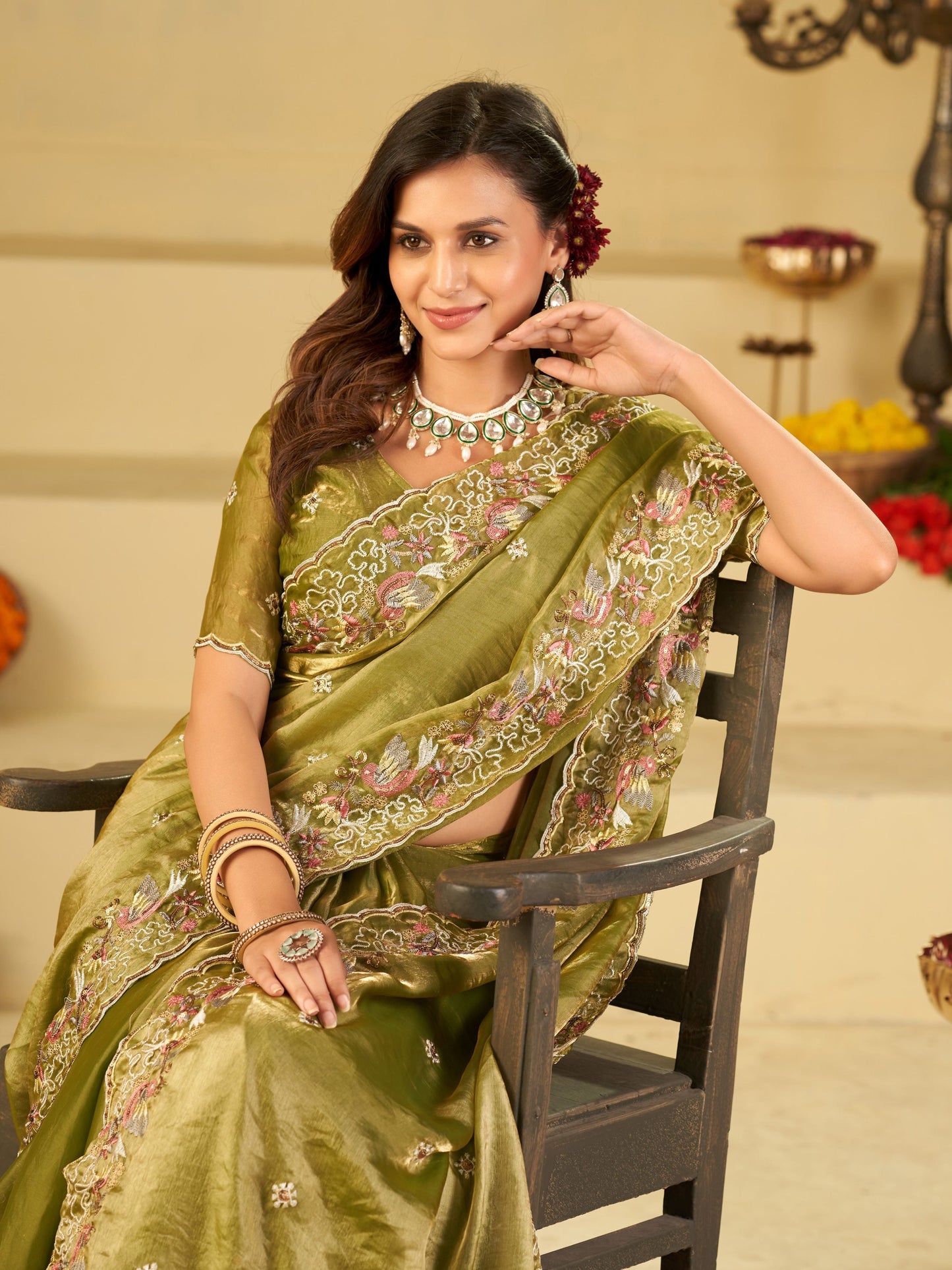 Olive Green Fendy Satin Saree with Multicolor Floral Embroidery Border | Designer Festive Party Wear Saree with Blouse