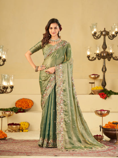 Sage Green Fendy Satin Saree with Multicolor Floral Embroidery Border | Elegant Designer Party Wear Saree with Blouse