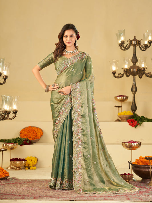 Sage Green Fendy Satin Saree with Multicolor Floral Embroidery Border | Elegant Designer Party Wear Saree with Blouse