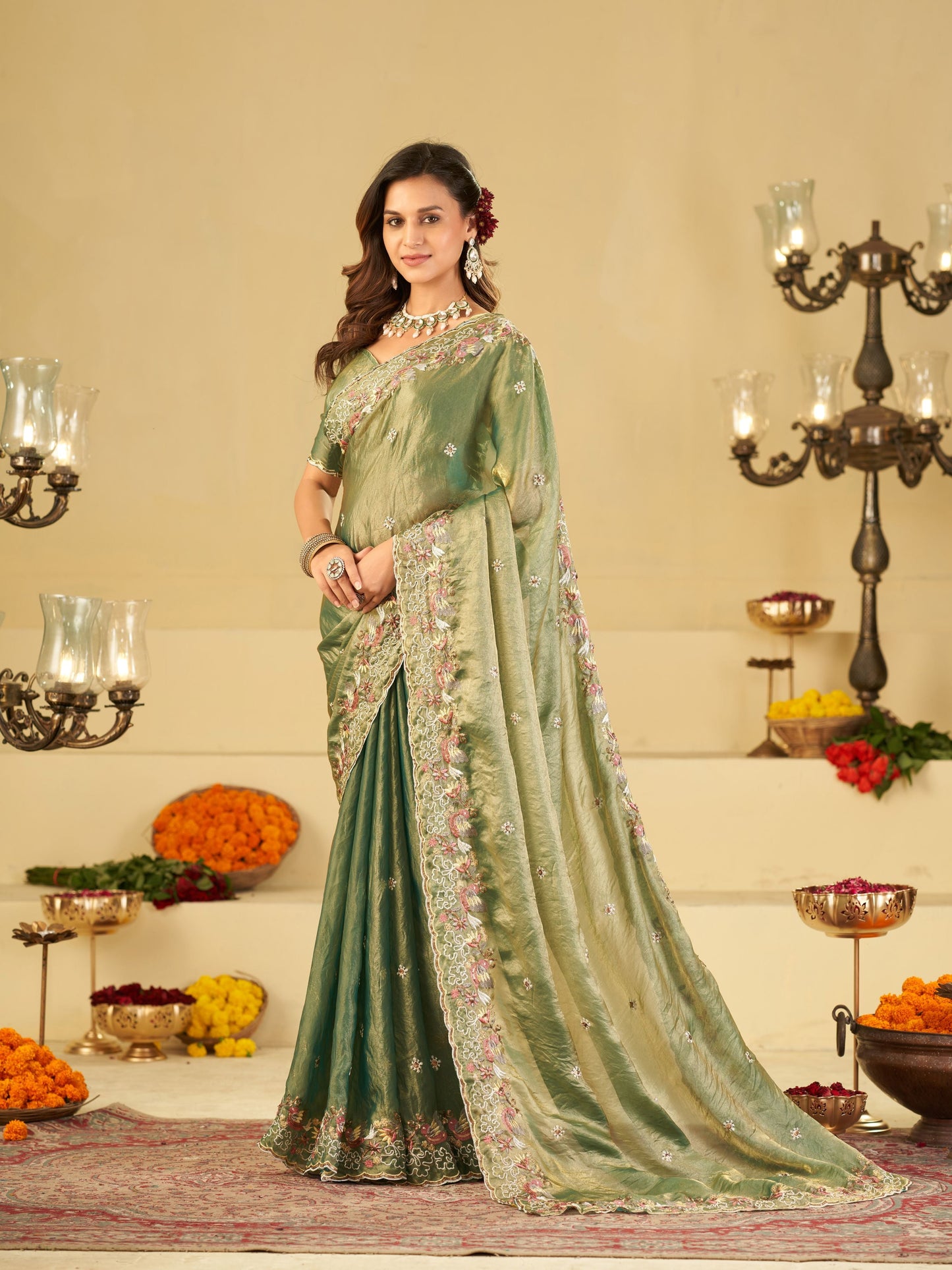Sage Green Fendy Satin Saree with Multicolor Floral Embroidery Border | Elegant Designer Party Wear Saree with Blouse