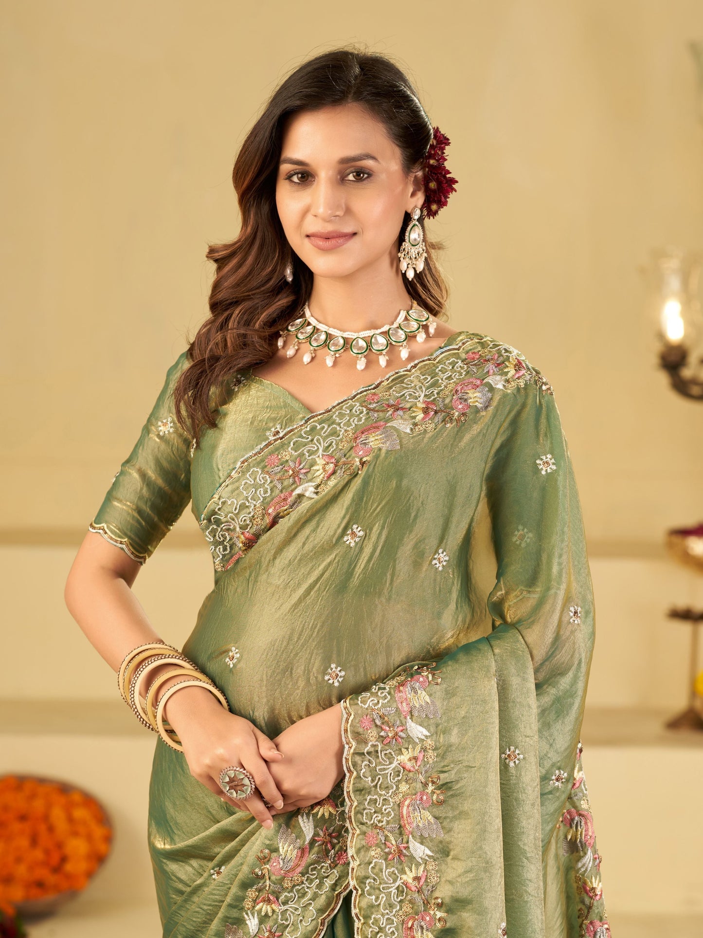 Sage Green Fendy Satin Saree with Multicolor Floral Embroidery Border | Elegant Designer Party Wear Saree with Blouse