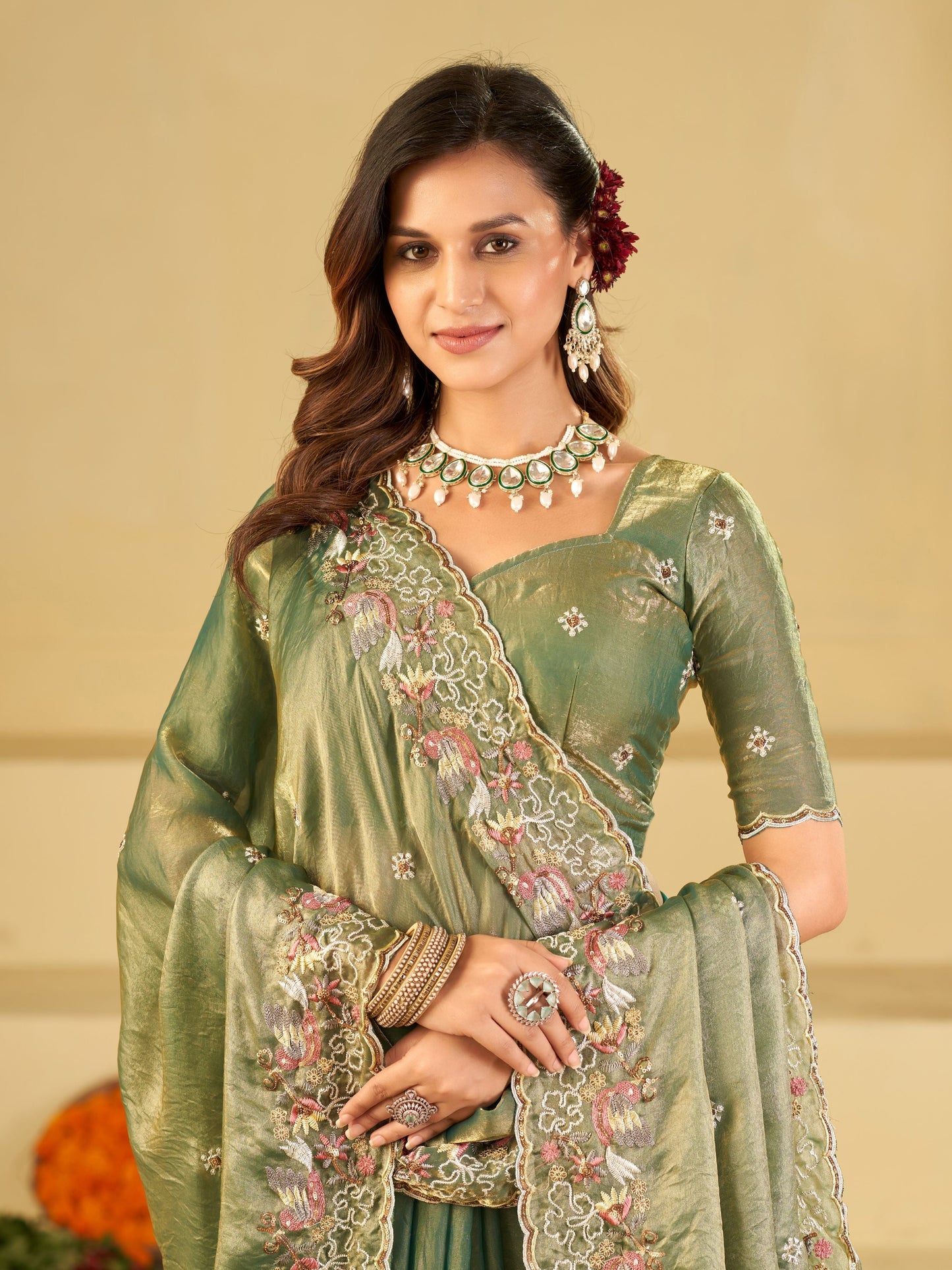 Sage Green Fendy Satin Saree with Multicolor Floral Embroidery Border | Elegant Designer Party Wear Saree with Blouse