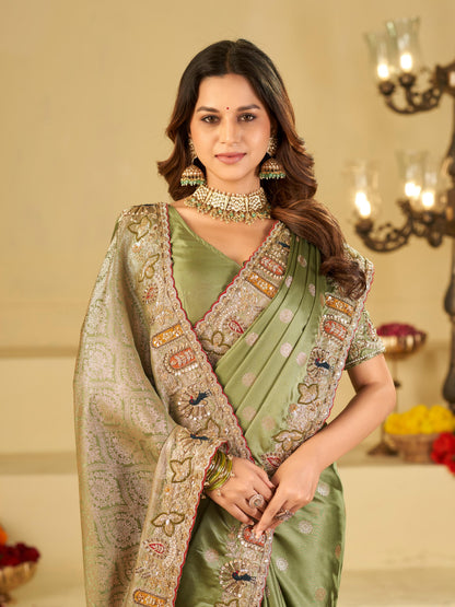 Pastel Olive Green Banarasi Silk Saree with Floral Embroidered Border & Rich Zari Woven Pallu | Designer Wedding Festive Saree