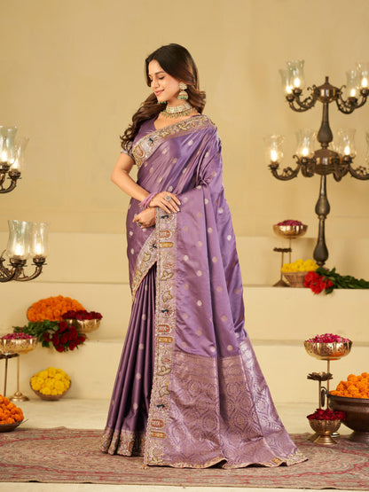 Lavender Purple Banarasi Silk Saree with Floral Embroidered Border & Rich Zari Woven Pallu | Designer Wedding Festive Saree