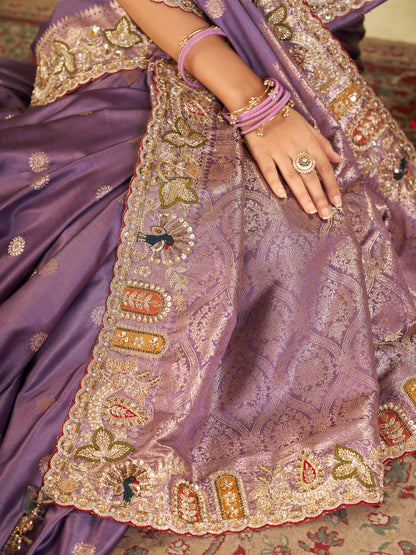 Lavender Purple Banarasi Silk Saree with Floral Embroidered Border & Rich Zari Woven Pallu | Designer Wedding Festive Saree