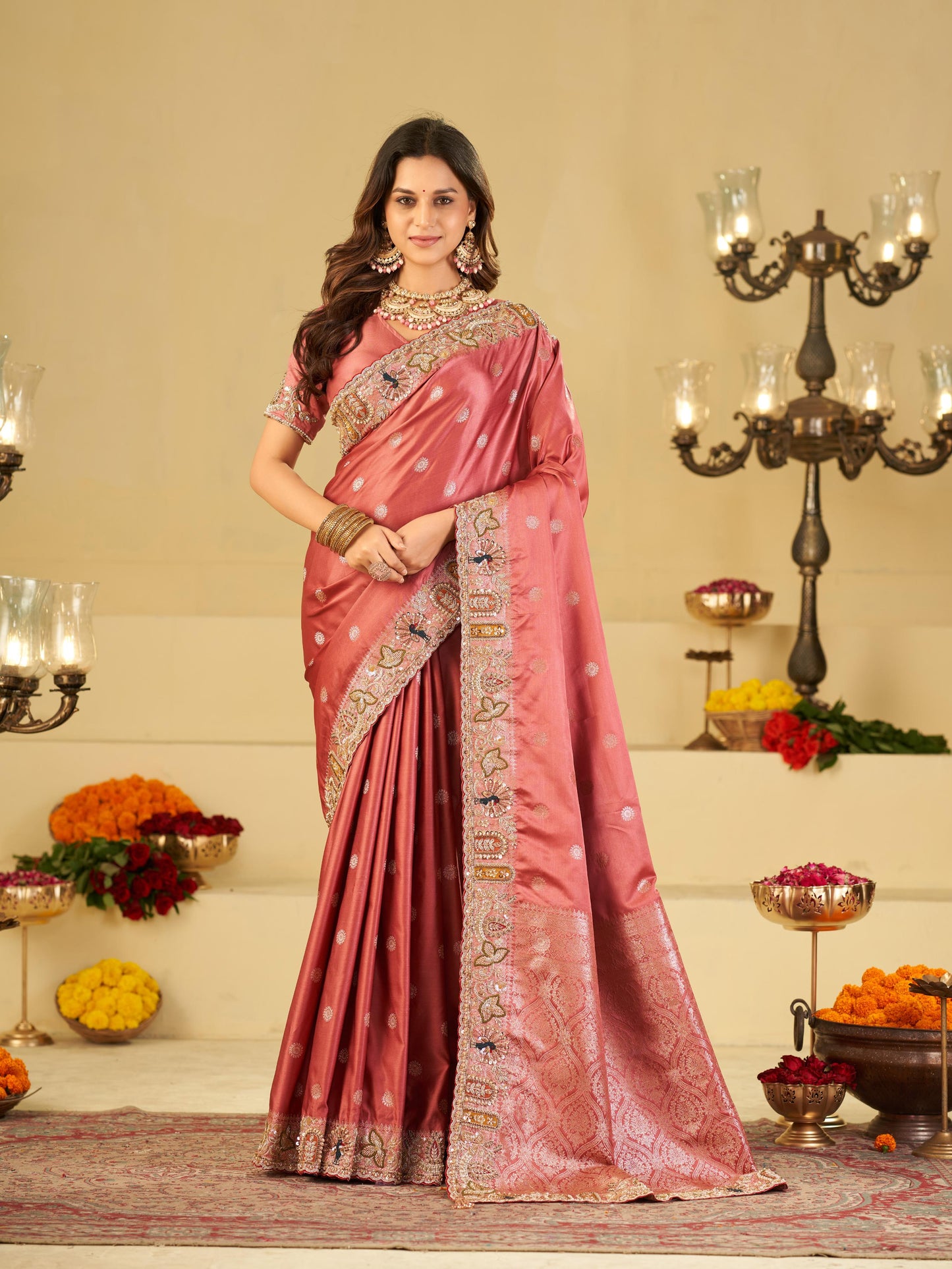 Rose Pink Banarasi Silk Saree with Floral Embroidered Border & Rich Zari Woven Pallu | Designer Wedding Festive Saree