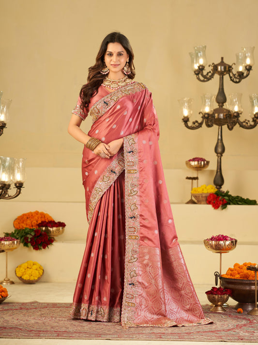 Rose Pink Banarasi Silk Saree with Floral Embroidered Border & Rich Zari Woven Pallu | Designer Wedding Festive Saree