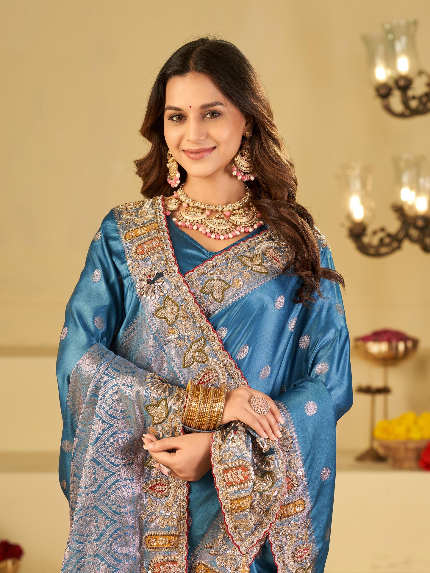 Elegant Steel Blue Banarasi Silk Saree with Floral Embroidered Border & Rich Zari Woven Pallu | Designer Wedding Festive Saree