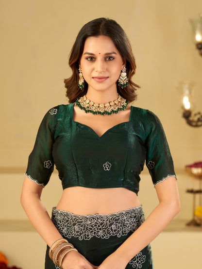 Bottle Green Fendy Satin Saree with White Floral Embroidery Border | Designer Party Wear Saree with Embroidered Blouse