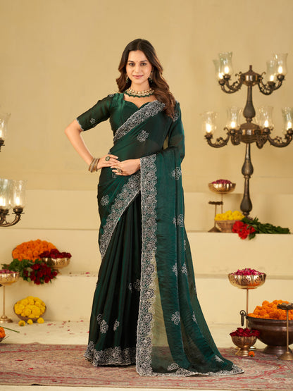 Bottle Green Fendy Satin Saree with White Floral Embroidery Border | Designer Party Wear Saree with Embroidered Blouse